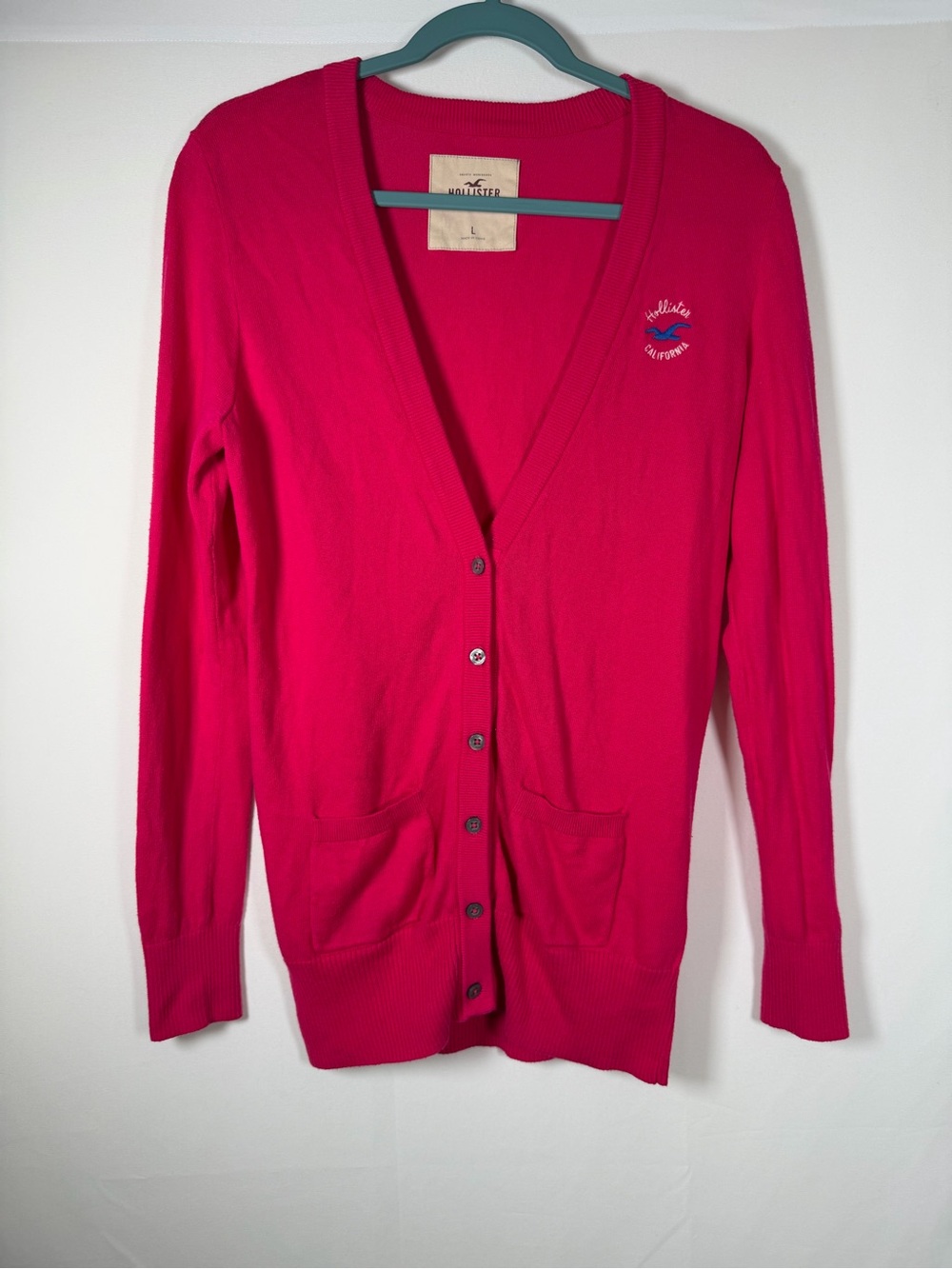 Y2K Preppy Hollister Women's Bright Fuchsia V-Neck Button Cardigan